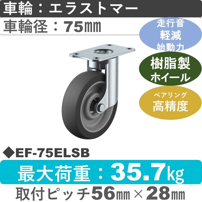 EF-75ELSB ユーエイキャスター サイレンス 自在金具 エラストマー(B入)車輪75㎜
