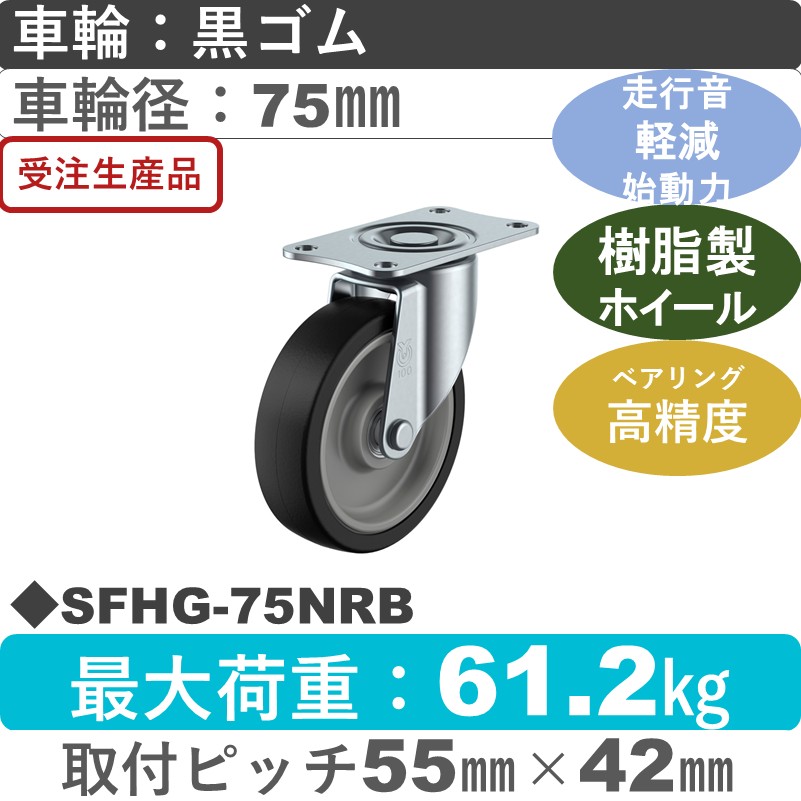 SFHG-75NRB ユーエイキャスター サイレンス 自在金具 ゴム(B入)車輪75㎜