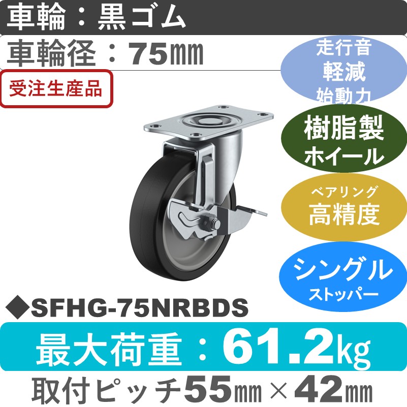 SFHG-75NRBDS ユーエイキャスター サイレンス ストッパー付自在金具 ゴム(B入)車輪75㎜