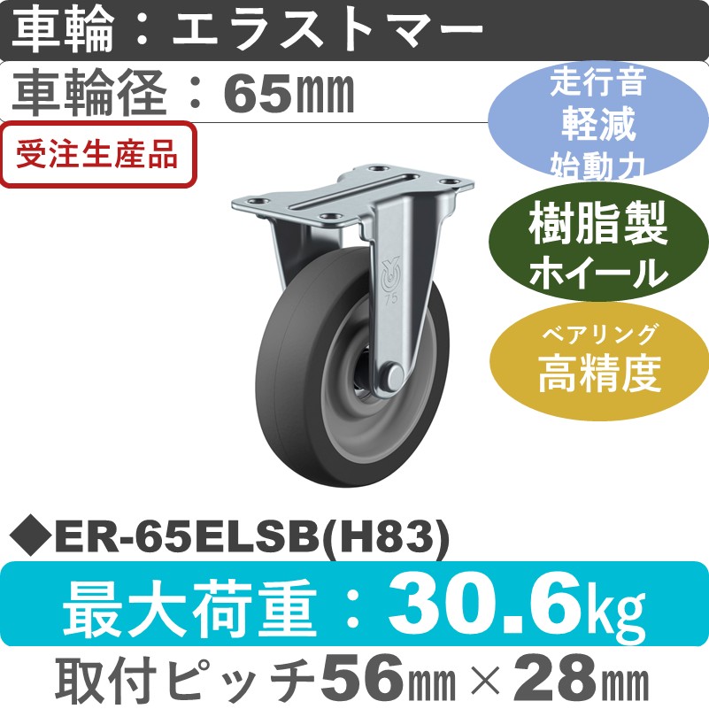 ER-65ELSB（H83） ユーエイキャスター サイレンス 固定金具 エラストマー(B入)車輪65㎜