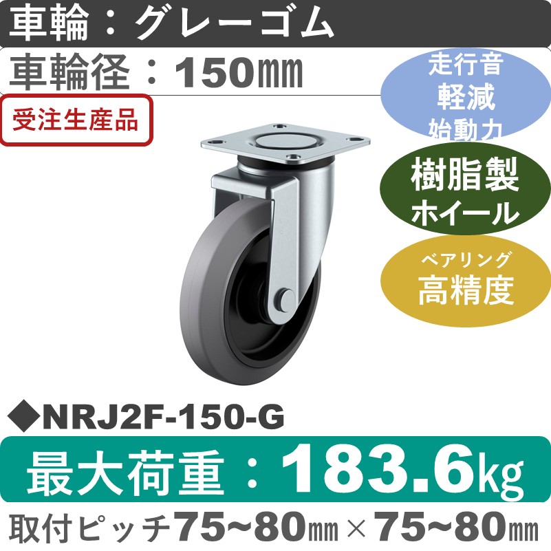 NRJ2F-150-G ユーエイキャスター サイレンス 自在金具 ゴム(B入)(グレー)車輪150㎜