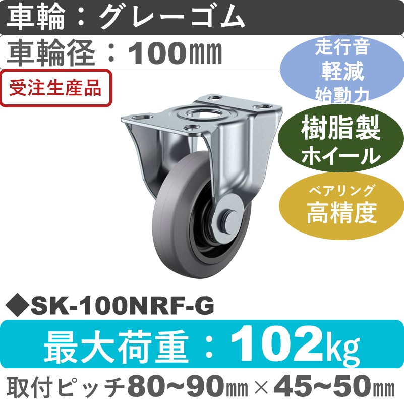 SK-100NRF-G ユーエイキャスター サイレンス 固定金具 ゴム(B入)(グレー)車輪100㎜