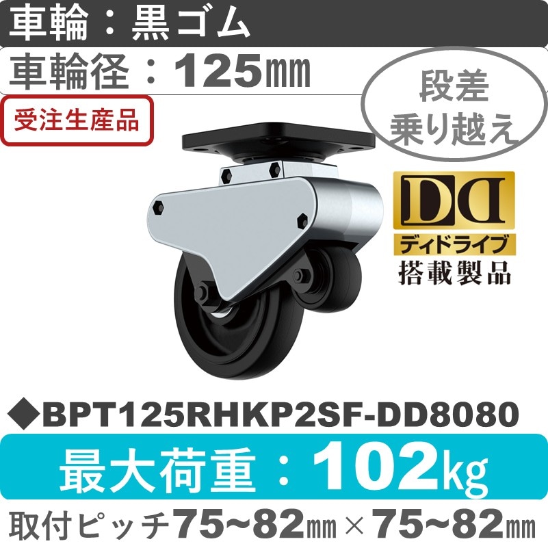 BPT125RHKP2SF-DD8080 ユーエイキャスター 段差乗り越え 自在金具 ゴム(B入)車輪125㎜