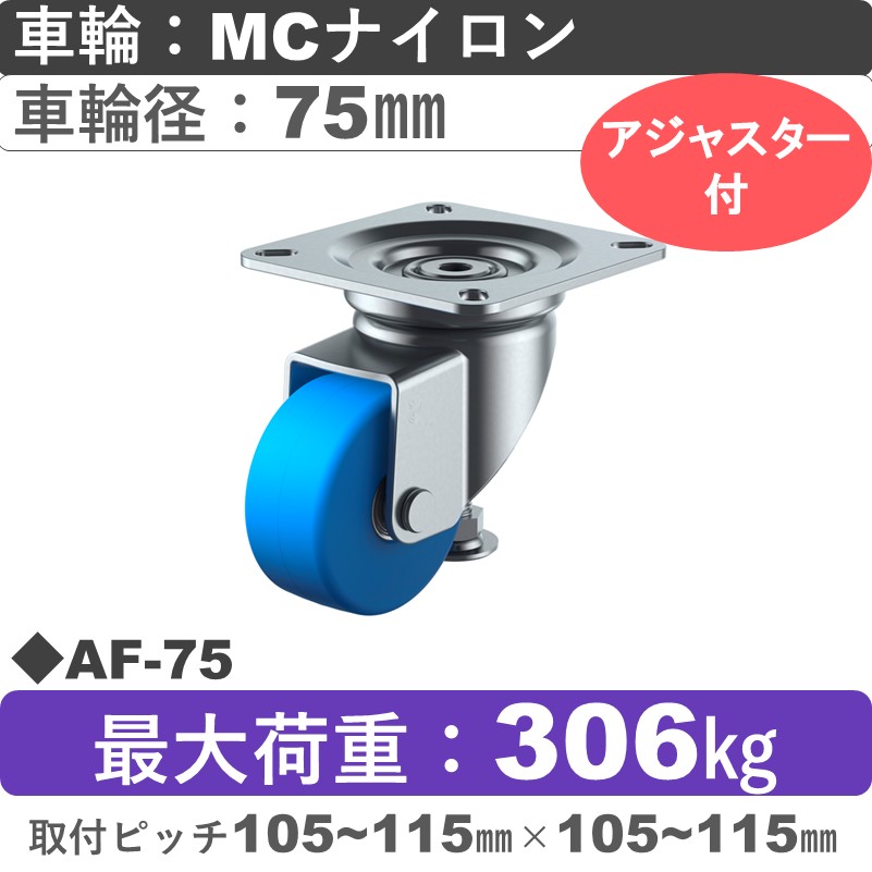 AF-75 ユーエイキャスター アジャスター付 自在金具 モノマーキャストナイロン(B入)車輪75㎜