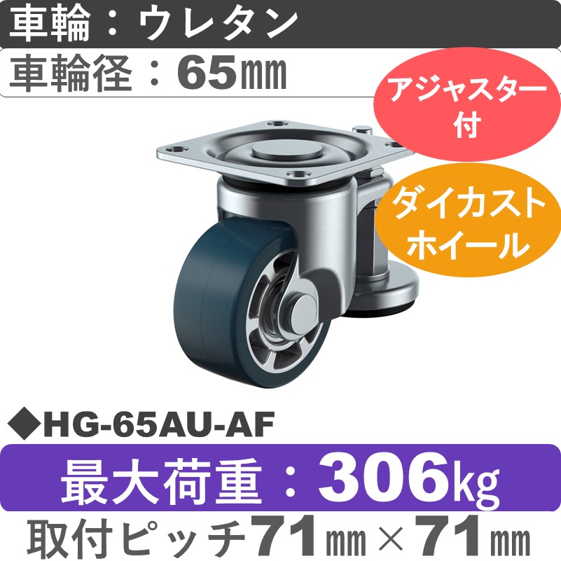 HG-65AU-AF ユーエイキャスター アジャスター付 自在金具 ウレタン(B入)車輪65㎜