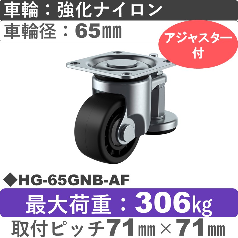 HG-65GNB-AF ユーエイキャスター アジャスター付 自在金具 強化ナイロン(B入)車輪65㎜