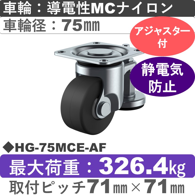 HG-75MCE-AF ユーエイキャスター アジャスター付 自在金具 導電性モノマーキャストナイロン(B入)車輪75㎜