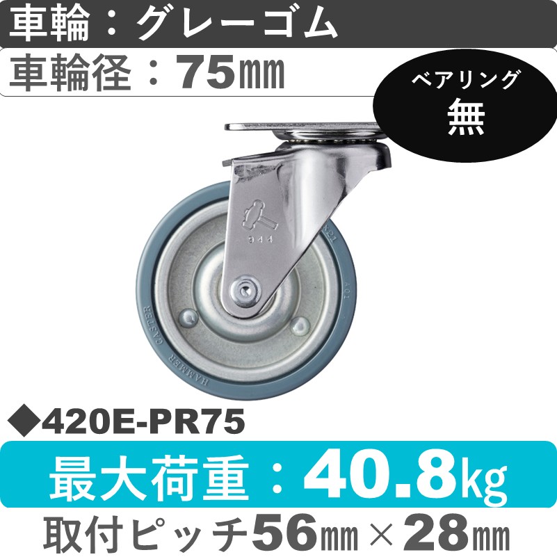420E-PR75 ハンマーキャスター  自在金具 ゴム車75㎜