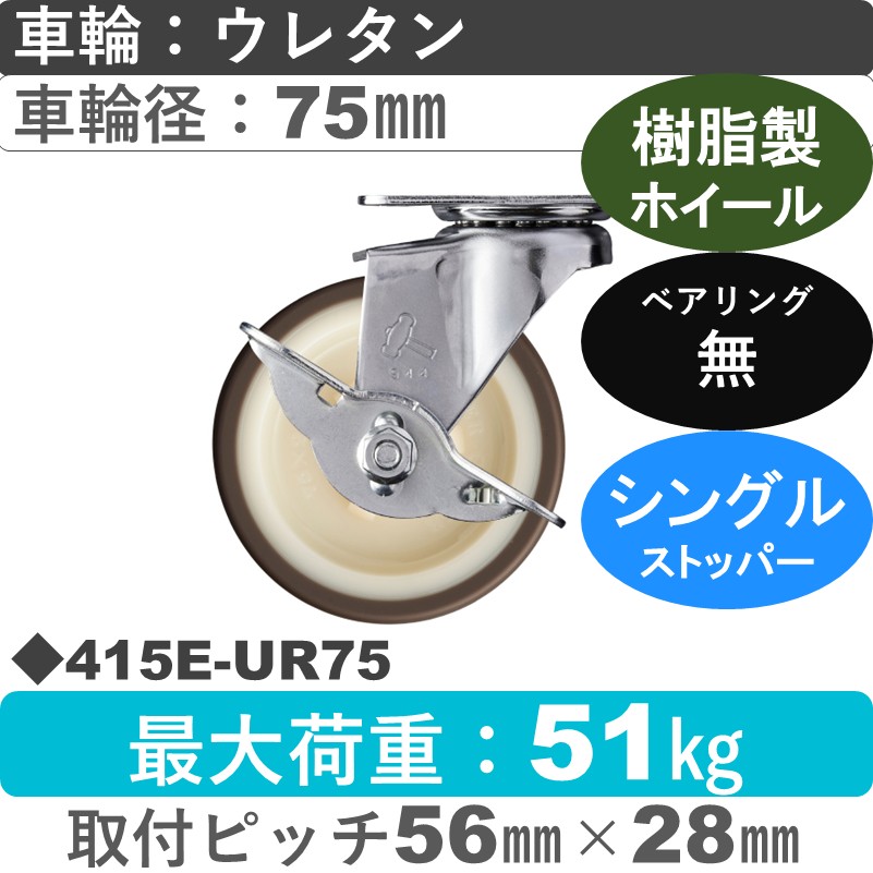 415E-UR75 ハンマーキャスター  ストッパー付自在金具 ウレタン車(熱可塑性)75㎜