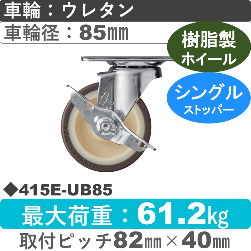 415E-UB85 ハンマーキャスター  ストッパー付自在金具 ウレタン車(熱可塑性・B入)85㎜