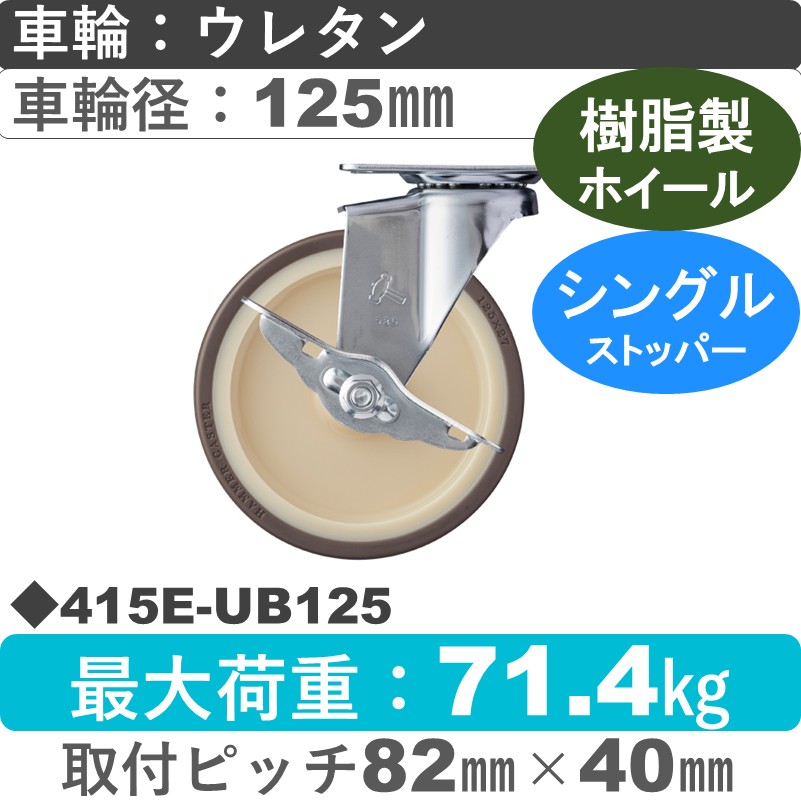 415E-UB125 ハンマーキャスター  ストッパー付自在金具 ウレタン車(熱可塑性・B入)125㎜