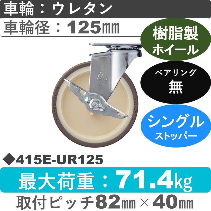 415E-UR125 ハンマーキャスター  ストッパー付自在金具 ウレタン車(熱可塑性)125㎜