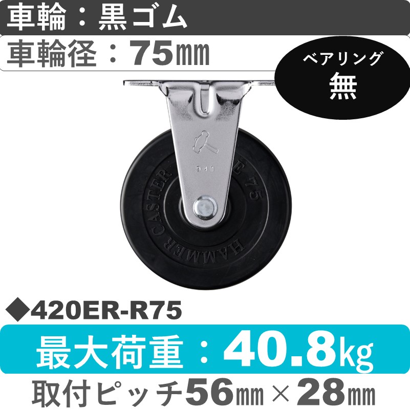420ER-R75 ハンマーキャスター  固定金具 ゴム車75㎜