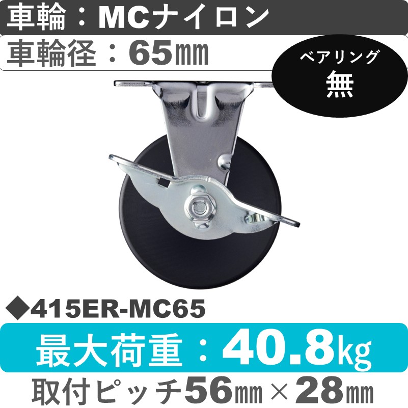 415ER-MC65 ハンマーキャスター  ストッパー付固定金具 MCナイロン車65㎜