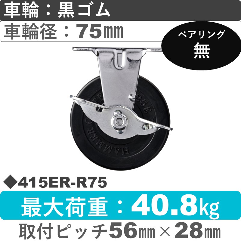 415ER-R75 ハンマーキャスター  ストッパー付固定金具 ゴム車75㎜