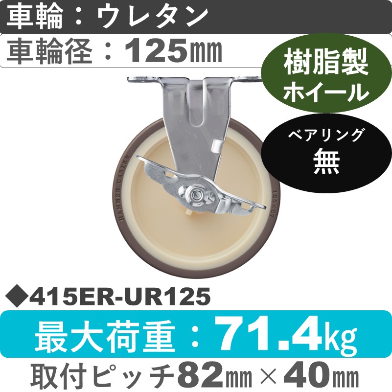 415ER-UR125 ハンマーキャスター  ストッパー付固定金具 ウレタン車(熱可塑性)125㎜