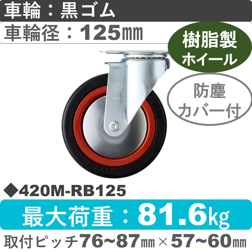 420M-RB125 ハンマーキャスター  自在金具 ゴム(B入)車125㎜