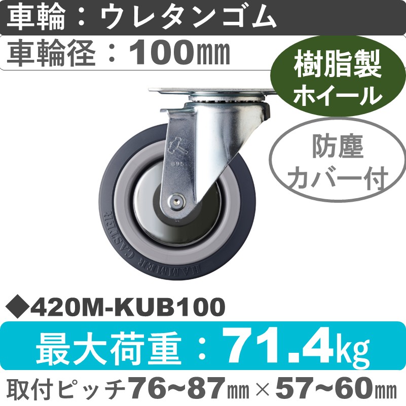 420M-KUB100 ハンマーキャスター  自在金具 ウレタン車(熱可塑性・B入)100㎜