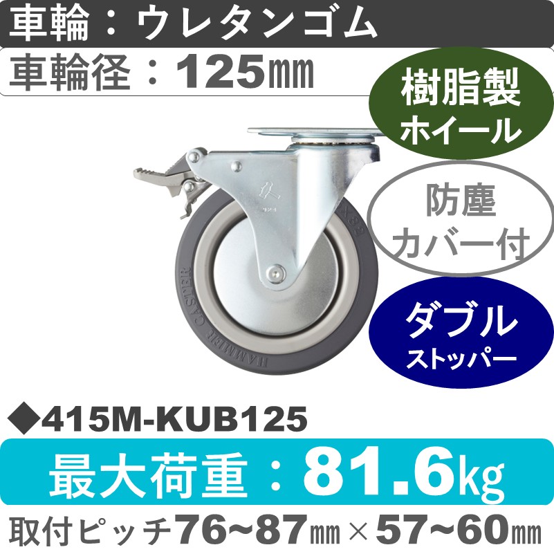 415M-KUB125 ハンマーキャスター  ストッパー付自在金具 ウレタン車(熱可塑性・B入)125㎜
