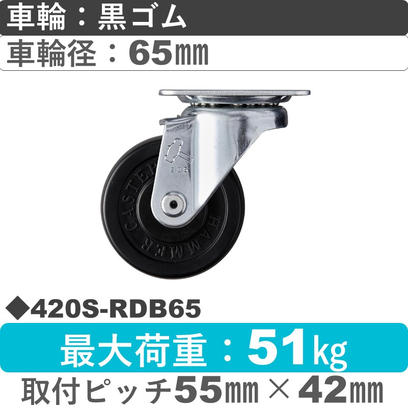 420S-RDB65 ハンマーキャスター  自在金具 ゴム(B入)車65㎜