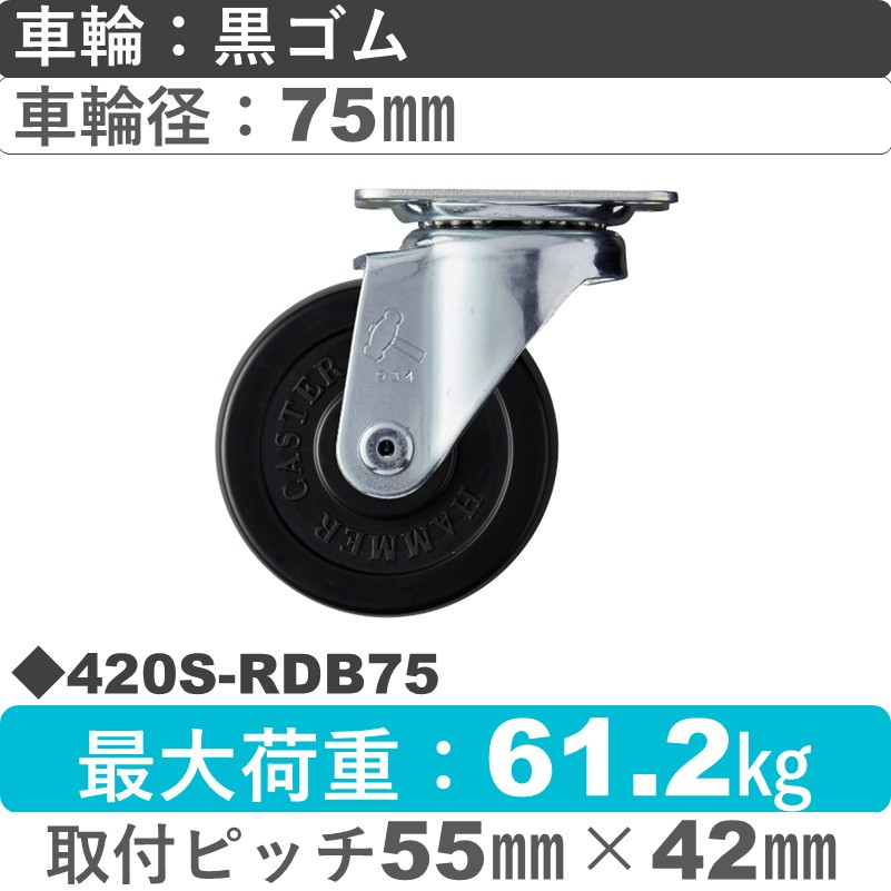 420S-RDB75 ハンマーキャスター  自在金具 ゴム(B入)車75㎜