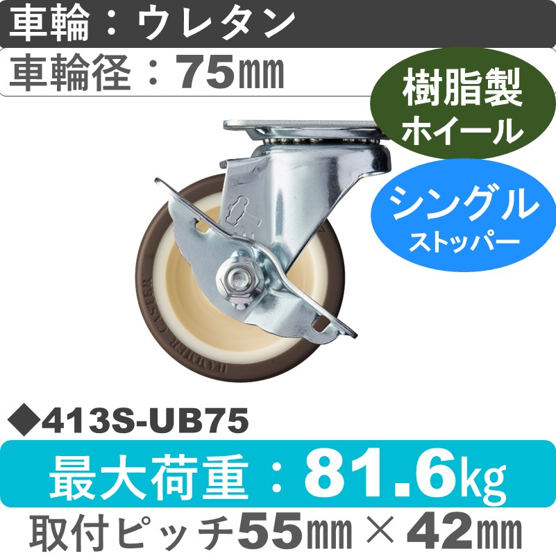 413S-UB75 ハンマーキャスター  ストッパー付自在金具 ウレタン車(熱可塑性・B入)75㎜