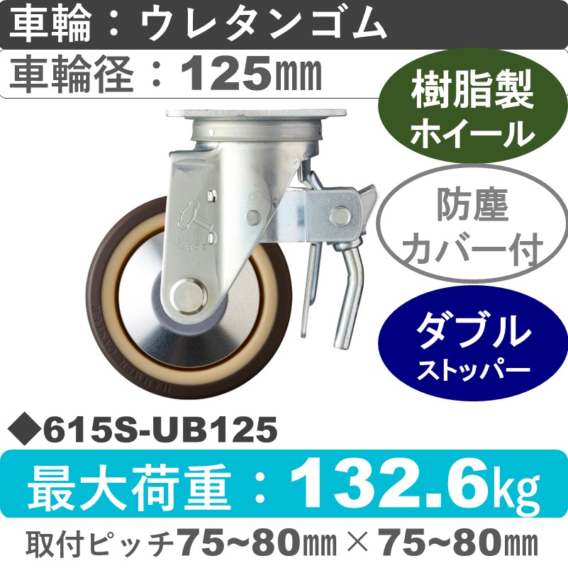 615S-UB125 ハンマーキャスター  ストッパー付自在金具 ウレタン車(熱可塑性・B入)125㎜