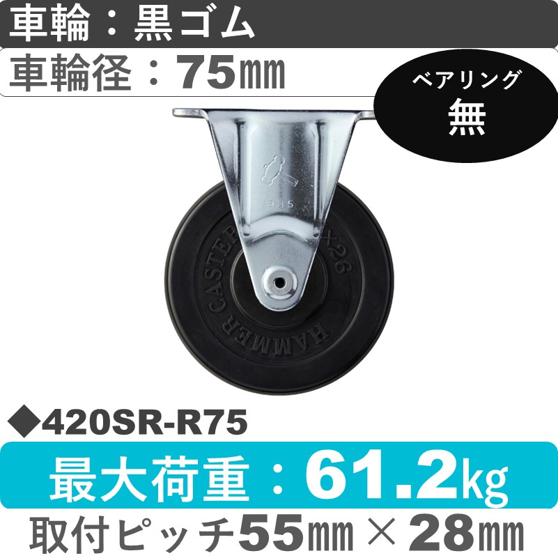 420SR-R75 ハンマーキャスター  固定金具 ゴム車75㎜
