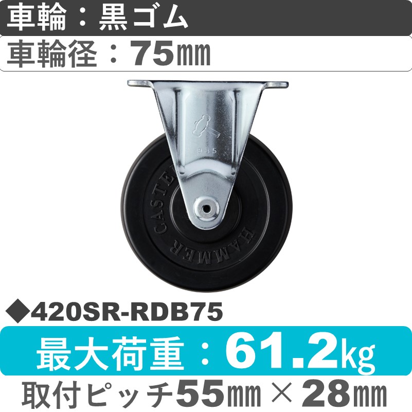 420SR-RDB75 ハンマーキャスター  固定金具 ゴム(B入)車75㎜