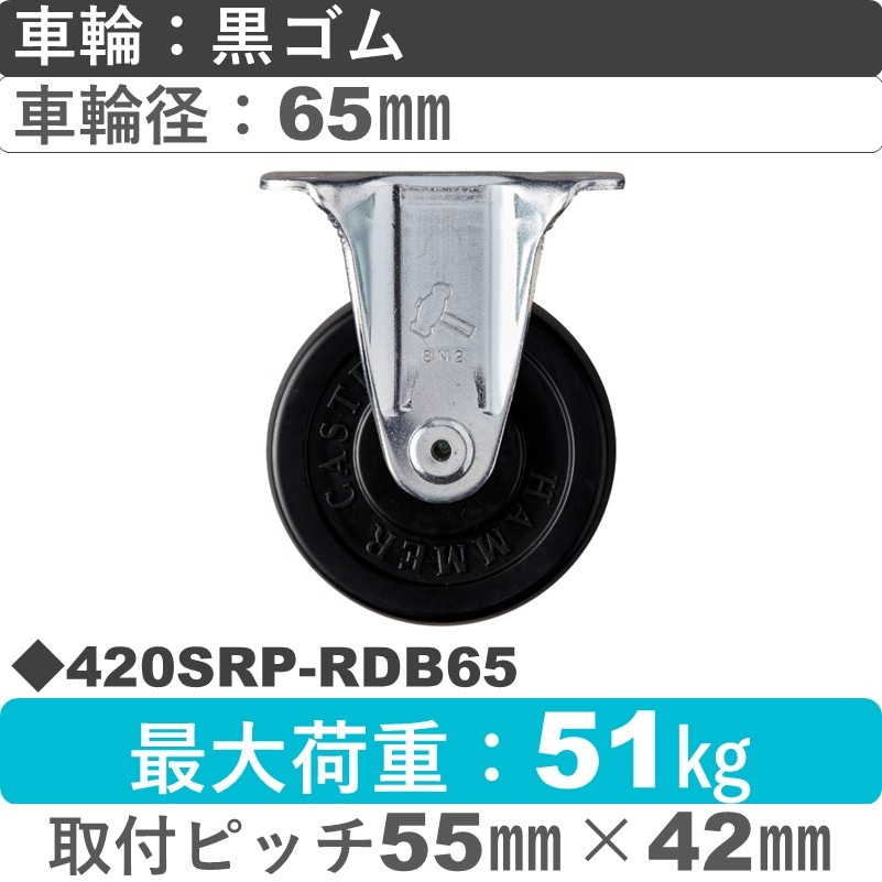 420SRP-RDB65 ハンマーキャスター  固定金具 ゴム(B入)車65㎜
