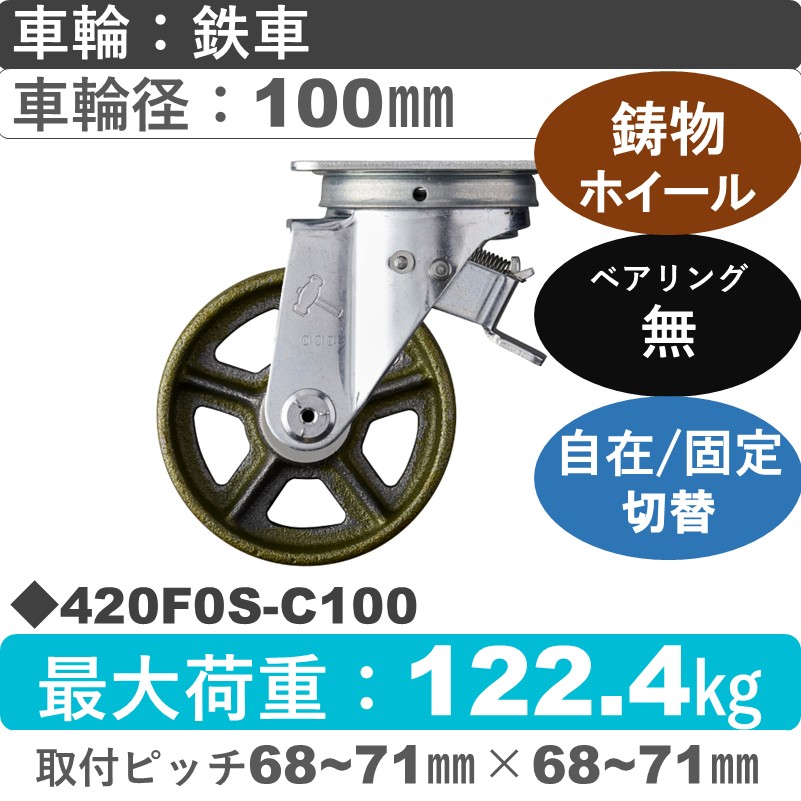 420F0S-C100 ハンマーキャスター スイッチキャスター 自在金具 イモノ車100㎜