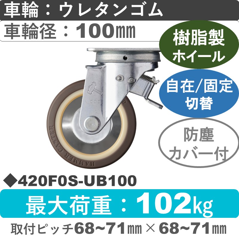 420F0S-UB100 ハンマーキャスター スイッチキャスター 自在金具 ウレタン車(熱可塑性・B入)100㎜
