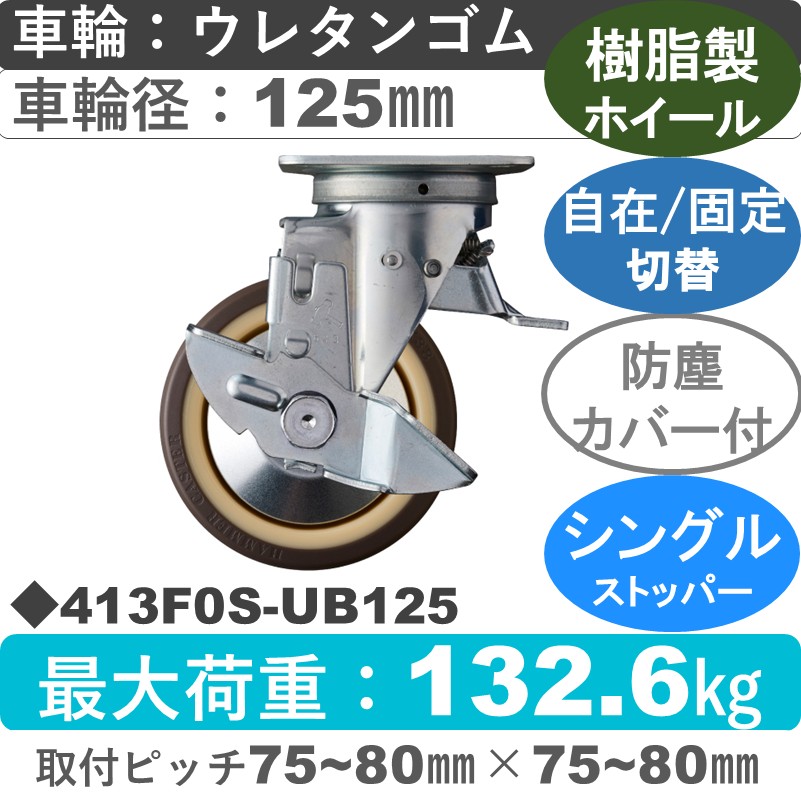 413F0S-UB125 ハンマーキャスター スイッチキャスター ストッパー付自在金具 ウレタン車(熱可塑性・B入)125㎜