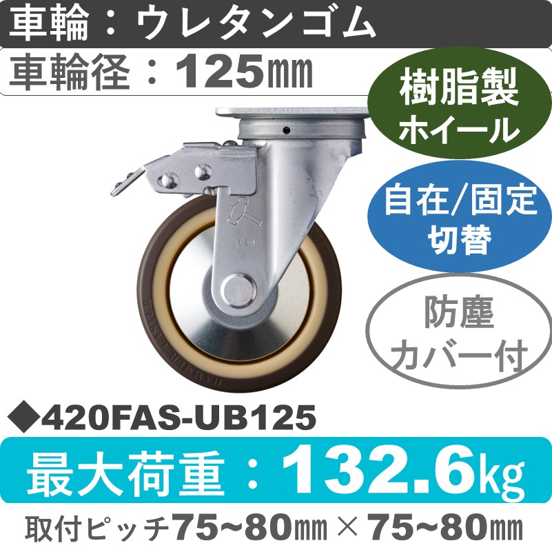 420FAS-UB125 ハンマーキャスター スイッチキャスター 自在金具 ウレタン車(熱可塑性・B入)125㎜