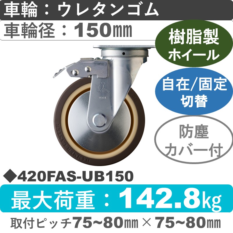 420FAS-UB150 ハンマーキャスター スイッチキャスター 自在金具 ウレタン車(熱可塑性・B入)150㎜