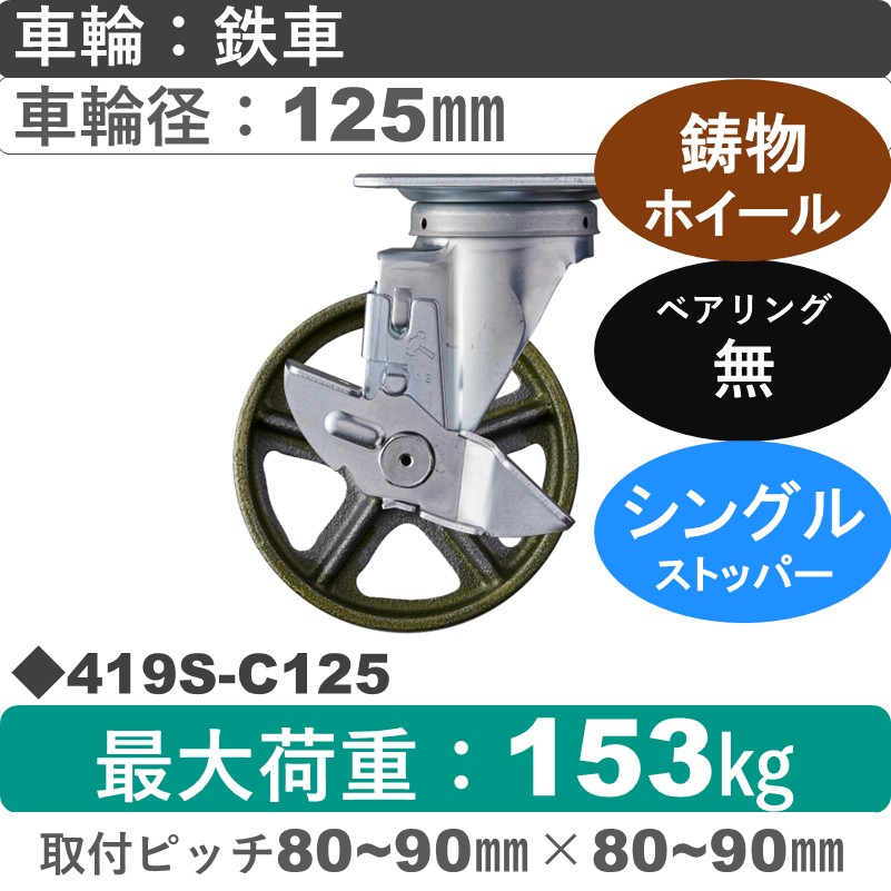 419S-C125 ハンマーキャスター  ストッパー付自在金具 イモノ車125㎜