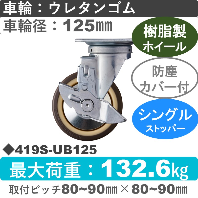 419S-UB125 ハンマーキャスター  ストッパー付自在金具 ウレタン車(熱可塑性・B入)125㎜