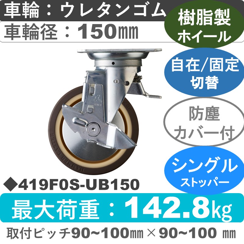 419F0S-UB150 ハンマーキャスター スイッチキャスター ストッパー付自在金具 ウレタン車(熱可塑性・B入)150㎜