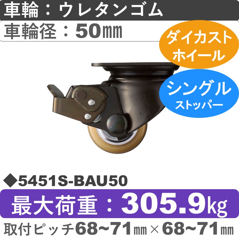 5451S-BAU50 ハンマーキャスター  ストッパー付自在金具 ウレタン車(熱硬化性・B入)50㎜
