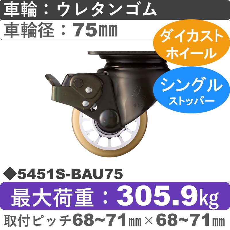 5451S-BAU75 ハンマーキャスター  ストッパー付自在金具 ウレタン車(熱硬化性・B入)75㎜