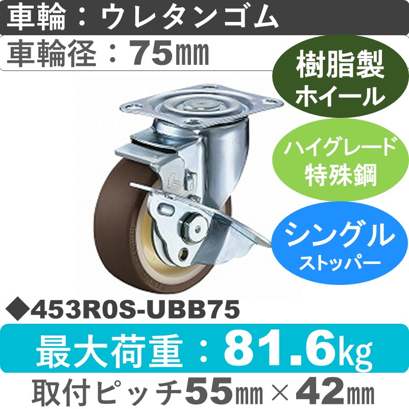 453R0S-UBB75 ハンマーキャスター  ストッパー付自在金具 ウレタン車(熱可塑性・B入)75㎜