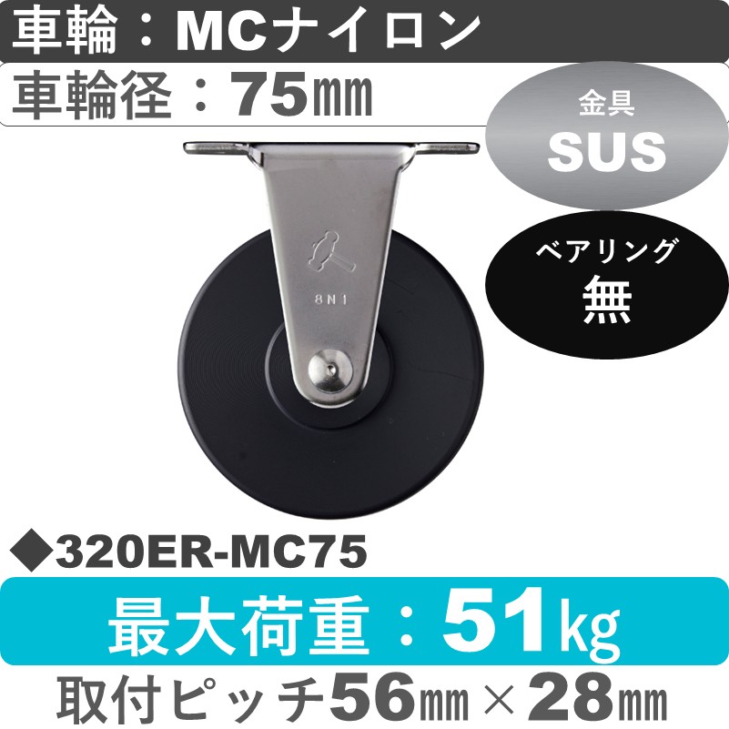 320ER-MC75 ハンマーキャスター ステンレス 固定金具 MCナイロン車75㎜