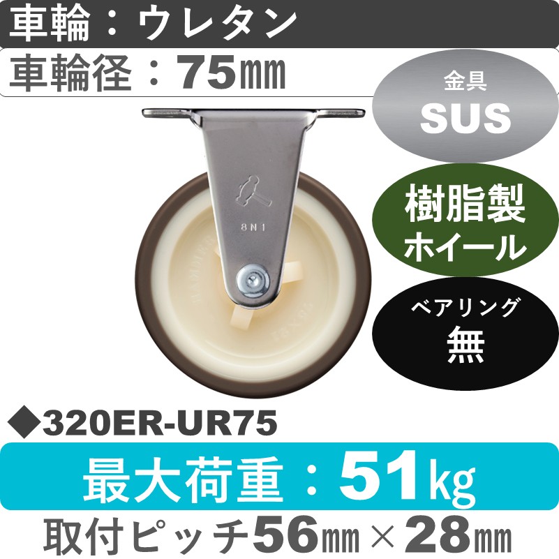 320ER-UR75 ハンマーキャスター ステンレス 固定金具 ウレタン車(熱可塑性)75㎜