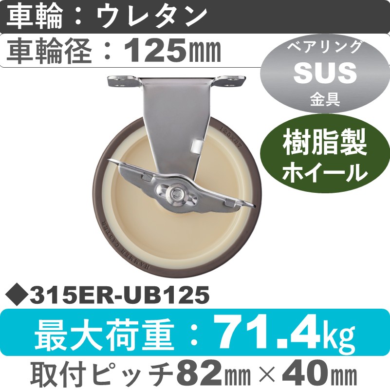 315ER-UB125 ハンマーキャスター ステンレス ストッパー付固定金具 ウレタン車(熱可塑性・B入)125㎜
