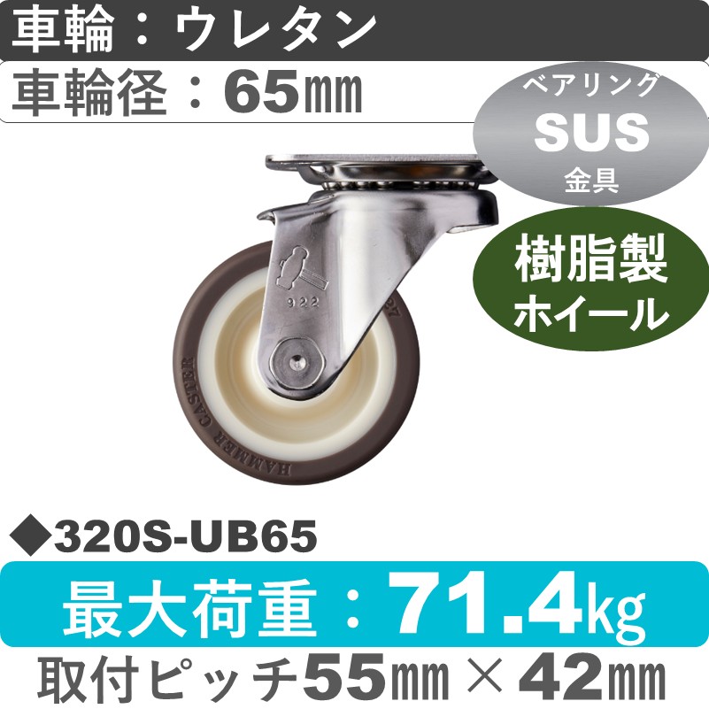 320S-UB65 ハンマーキャスター ステンレス 自在金具 ウレタン車(熱可塑性・B入)65㎜