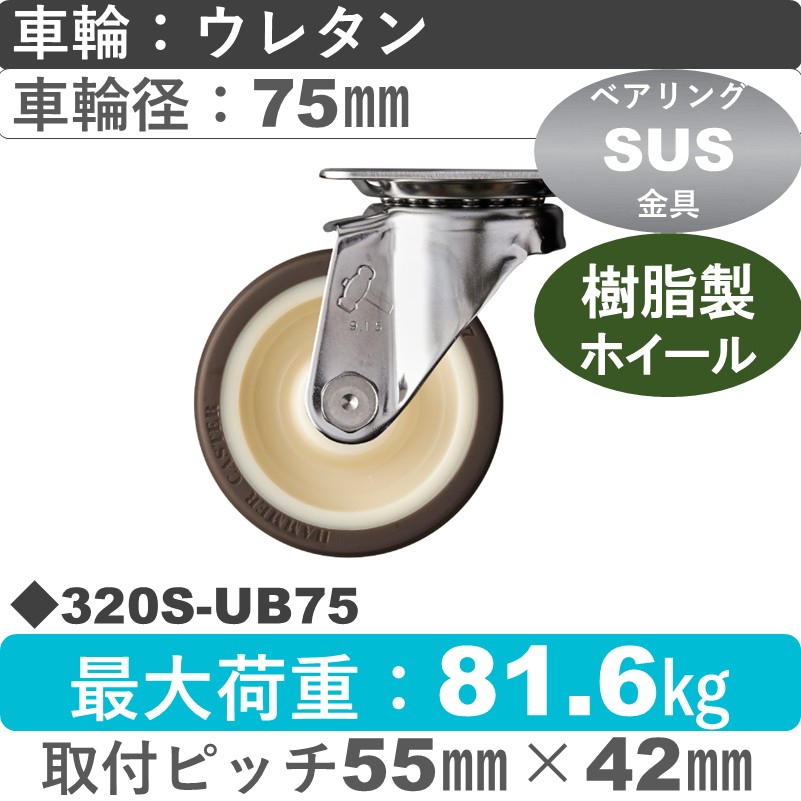 320S-UB75 ハンマーキャスター ステンレス 自在金具 ウレタン車(熱可塑性・B入)75㎜