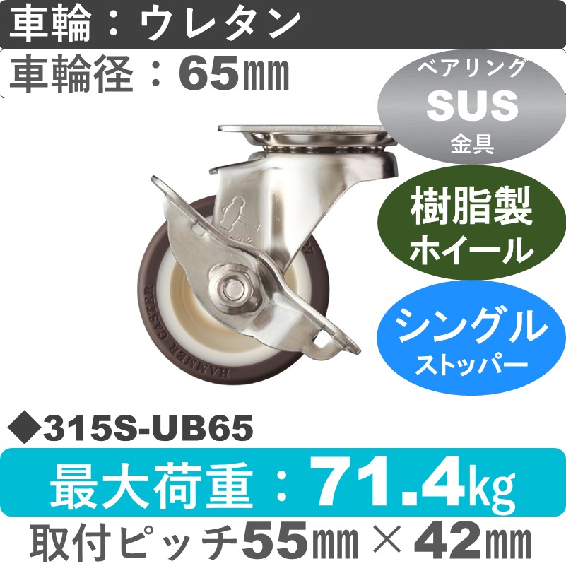 315S-UB65 ハンマーキャスター ステンレス ストッパー付自在金具 ウレタン車(熱可塑性・B入)65㎜