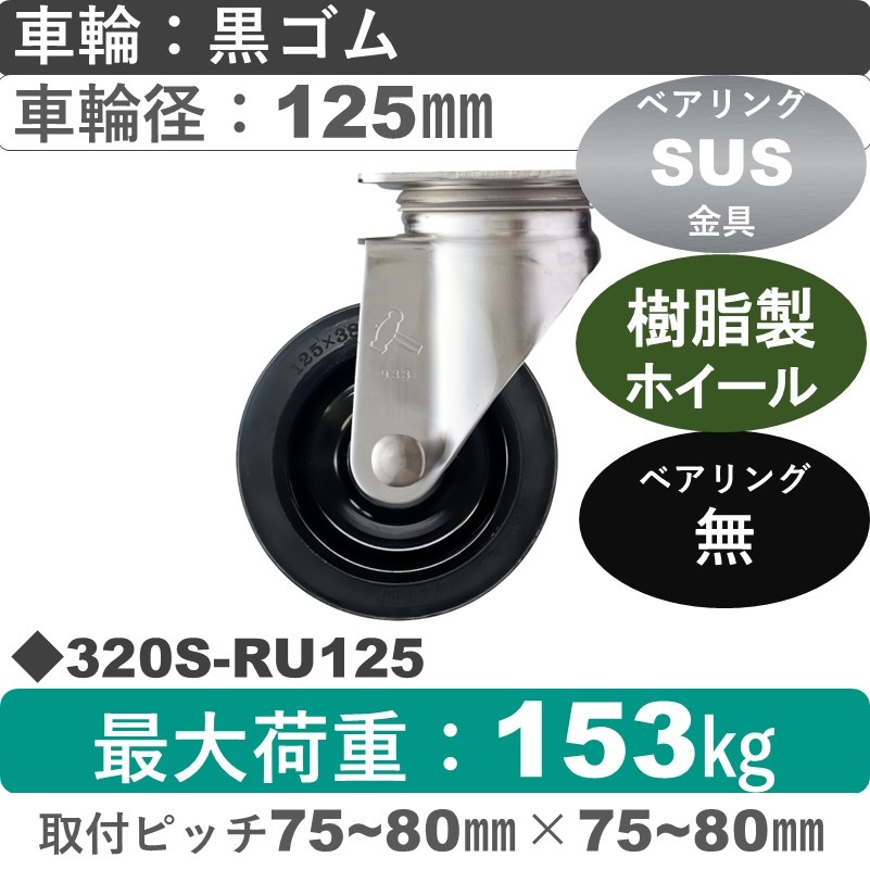 320S-RU125 ハンマーキャスター ステンレス 自在金具 ゴム車125㎜