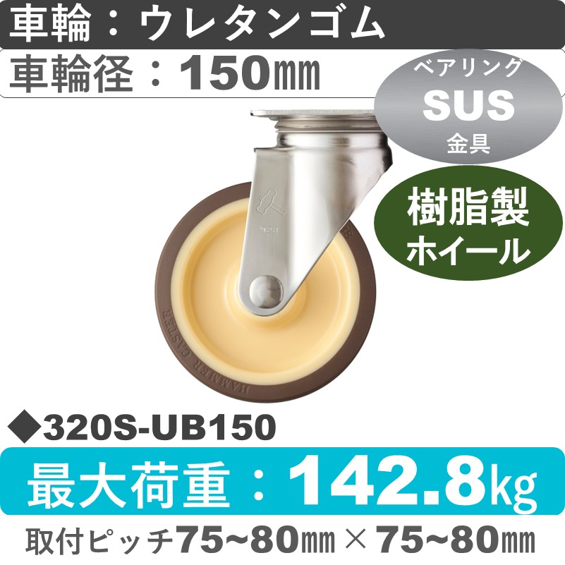 320S-UB150 ハンマーキャスター ステンレス 自在金具 ウレタン車(熱可塑性・B入)150㎜