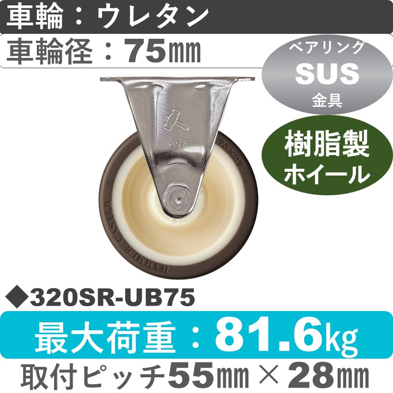 320SR-UB75 ハンマーキャスター ステンレス 固定金具 ウレタン車(熱可塑性・B入)75㎜